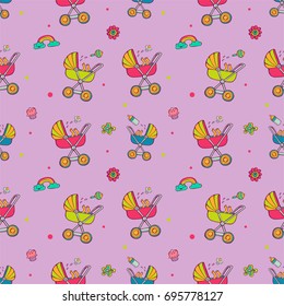 Seamless pattern with cute baby carriages on violet background. The good choice for children accessories, fabric and other. Vector illustration