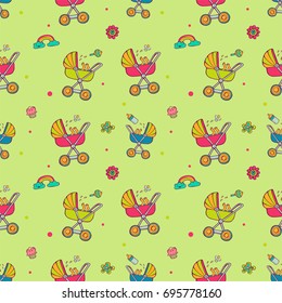 Patrón sin foco con vagones de bebé lindos sobre fondo verde. La buena elección para los accesorios, tejidos y otros accesorios infantiles Ilustración del vector