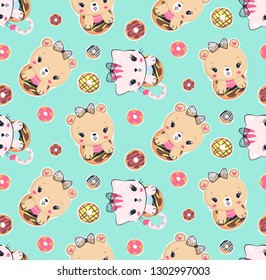 Seamless pattern, Cute baby cat and bear cartoon inside a donut isolated on green background illustration vector