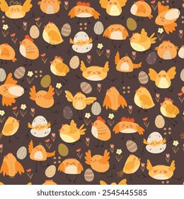 Seamless pattern with cute baby chickens, eggs and flowers on brown background. Vector illustration for kids.