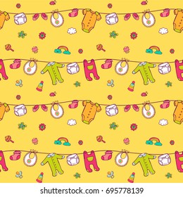 Seamless pattern with cute baby clothes on yellow background. The good choice for children accessories, fabric and other. Vector illustration