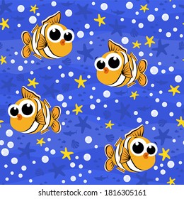 seamless pattern with cute baby clownfish cartoon illustration with bubbles and under the sea background. Design for baby and child. Can be tiled