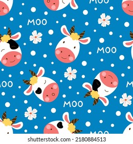 Seamless pattern with cute baby cows character. Vector print for kids textile