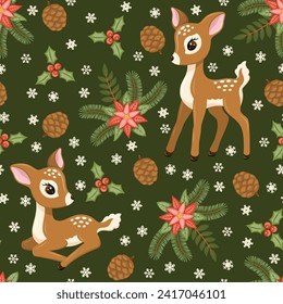 Seamless pattern with cute baby deers, snowflakes and Christmas plants. Vector illustration.