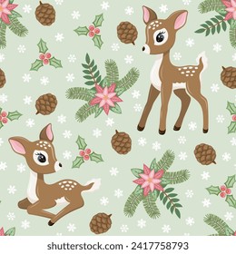 Seamless pattern with cute baby deers, snowflakes and Christmas plants. Vector illustration.