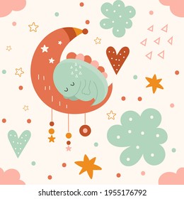 Seamless pattern with cute baby dinosaur sleeping on the moon, clouds, outer space, stars in bohemian style. Vector kids illustration for nursery design. Dino boho fabric for baby clothes, wrapping pa