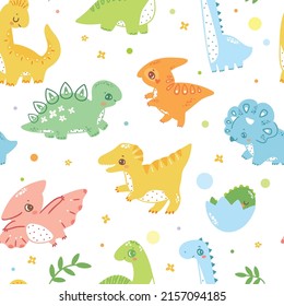 Patrón sin foco con un lindo bebé dinosaurio, pequeña ilustración de dino