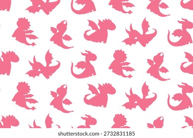 Seamless pattern with cute baby dragon silhouettes. Fantasy creatures background for kids