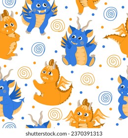 Seamless pattern with cute baby  dragons in yellow and blue colors. Child print for textile, wallpapers, fabric and wrapping paper. Hand drawn vector illustration