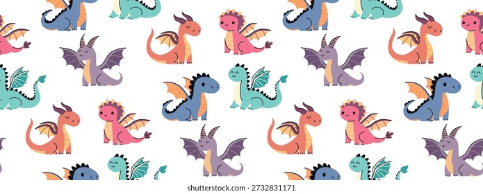 Seamless pattern with cute baby dragons. Colorful fantasy creatures background for kids