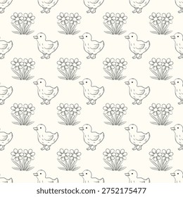 Seamless pattern with cute baby ducklings and small spring flowers hand drawn line art illustration