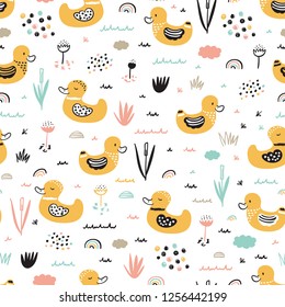 Seamless Pattern with Cute baby Ducks. Baby Background with Birds. Little ducklings swims in the pond. Vector illustration