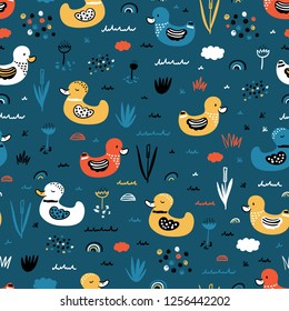 Seamless Pattern with Cute baby Ducks. Baby Background with Birds. Little ducklings swims in the pond. Vector illustration