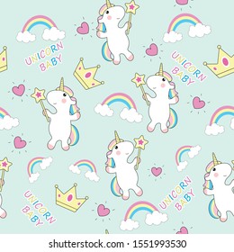 Seamless pattern with cute baby Edenorog.The colors are delicate and pastel.Vector illustration.