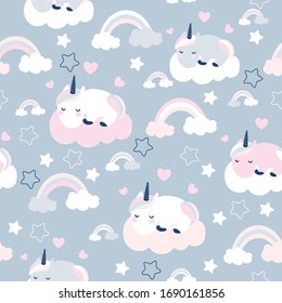 Seamless pattern with cute baby Edenorog.The colors are delicate and pastel.Vector illustration.