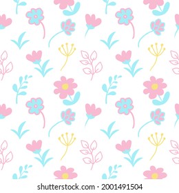 Seamless pattern with cute baby elements. Pastel shades. Vector in flat style. Wildflowers and twigs. Suitable for textiles and packaging.