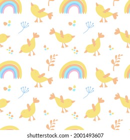 Seamless pattern with cute baby elements. Pastel shades. Vector in flat style. Rainbow, birds and flowers. Suitable for textiles and packaging.