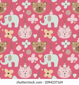 Seamless pattern with cute baby elements. Vector background with flowers, toys, elephant, bear, hearts. Vector digital paper for girls. Cute characters isolated on red