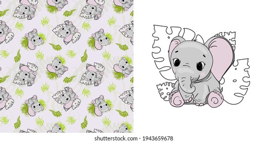 Seamless pattern with cute baby elephant. Pretty vector illustration with elephants. Pattern for wrapping paper, design diaries, fabrics and wallpapers etc.