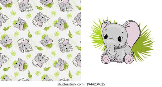 Seamless pattern with cute baby elephant. Pretty vector illustration with elephants. Pattern for wrapping paper, design diaries, fabrics and wallpapers etc.