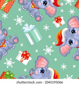 Patrón sin foco con un lindo personaje de elefante bebé, regalos y copos de nieve. Concepto de Navidad de invierno. Ilustración vectorial aislada en el fondo turquesa. Impresión, decoración, diseño, tarjetas y textiles.