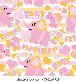 Seamless pattern of cute baby elephant and cupcakes on striped background vector cartoon illustration for Baby shower wrapping paper, kid fabric clothes, and wallpaper