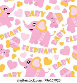 Seamless pattern of cute baby elephant and cupcakes vector cartoon illustration for Baby shower wrapping paper, kid fabric clothes, and wallpaper