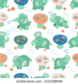 Seamless pattern with cute baby elephants and African plants. Color vector cartoon illustration for fabric design, background.