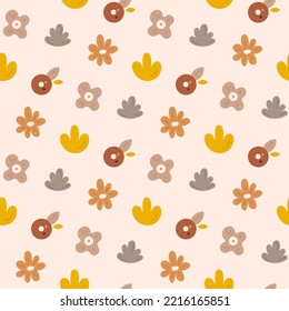 Seamless pattern of cute baby flowers. Beige cartoon boho background. For textile, fabric, postcard, poster