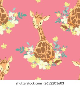 Seamless pattern with cute baby giraffes and flowers on background vector hand drawn