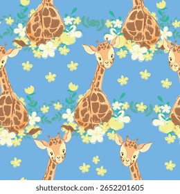 Seamless pattern with cute baby giraffes and flowers on blue background vector hand drawn