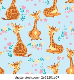 Seamless pattern with cute baby giraffes and flowers on background vector hand drawn