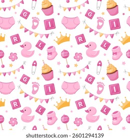 Seamless pattern with cute baby girl themed elements like a crown, booties, a duck, cupcake, and more in pink and gold on a white background. Perfect for baby shower invitations. Vector illustration