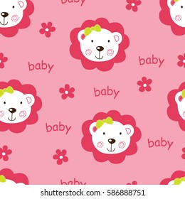 Seamless pattern with cute baby girl lions, wrapping paper vector illustration