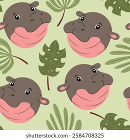 Seamless pattern with cute baby hippo faces with palm leaves. Hand drawn vector illustration