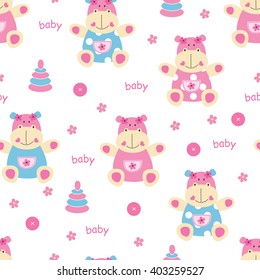 Seamless pattern with cute baby hippo