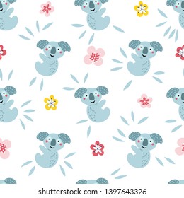 Seamless pattern with cute baby koalas and flowers on a white background for children. Animal cartoon background for baby textile, wrapping paper, wallpaper in vector.