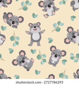Patrón sin fisuras de lindos koalas de bebé y hojas de eucalipto