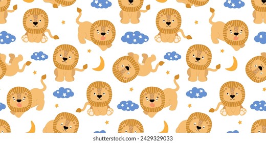 Seamless pattern with cute baby lions. Abstract children's print with animals, clouds, stars. Vector graphics.