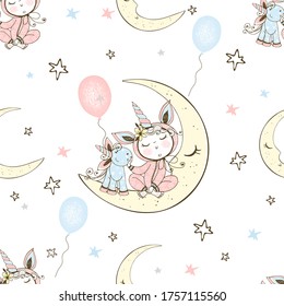 Seamless pattern with a cute baby in pajamas sitting on the moon with his toy unicorn. Vector.