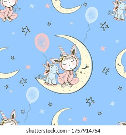 Seamless pattern with a cute baby in pajamas sitting on the moon with his toy unicorn. Vector.