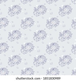 Seamless pattern. A cute baby in pajamas sleeps sweetly on a pillow. Vector decorative illustration on a light gray background with hearts and toys. line, outline 