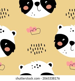 Seamless pattern with cute baby panda, clouds and bright spots. Children's illustration in Scandinavian style for postcards, posters, clothing design and decor