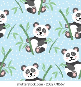 Patrón sin foco con panda de bebé lindo y hojas de bambú sobre fondo azul, ilustración vectorial
