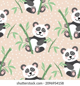 Seamless pattern with cute baby panda and bamboo leaves on a beige background, vector illustration