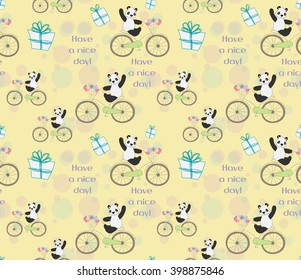 Seamless pattern of cute baby Panda rides a bike in a basket have a bouquet of flowers