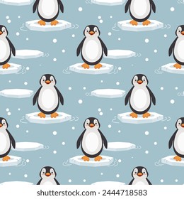 Seamless pattern with cute baby penguins on an ice floe on a blue background. Design for print, textile, fabric. Vector