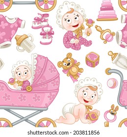 Seamless pattern from cute baby, pink toys, carriage and objects