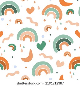 Seamless pattern with cute baby print. Abstract minimalistic rainbows, hearts, simple geometric shapes. Vector graphics.