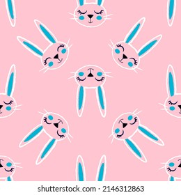 Seamless pattern with cute baby rabbit faces on a pink background. Rabbit ears. Easter. Hand-drawn design for fabric, backgrounds, wrapping paper. Doodle, cartoon style.